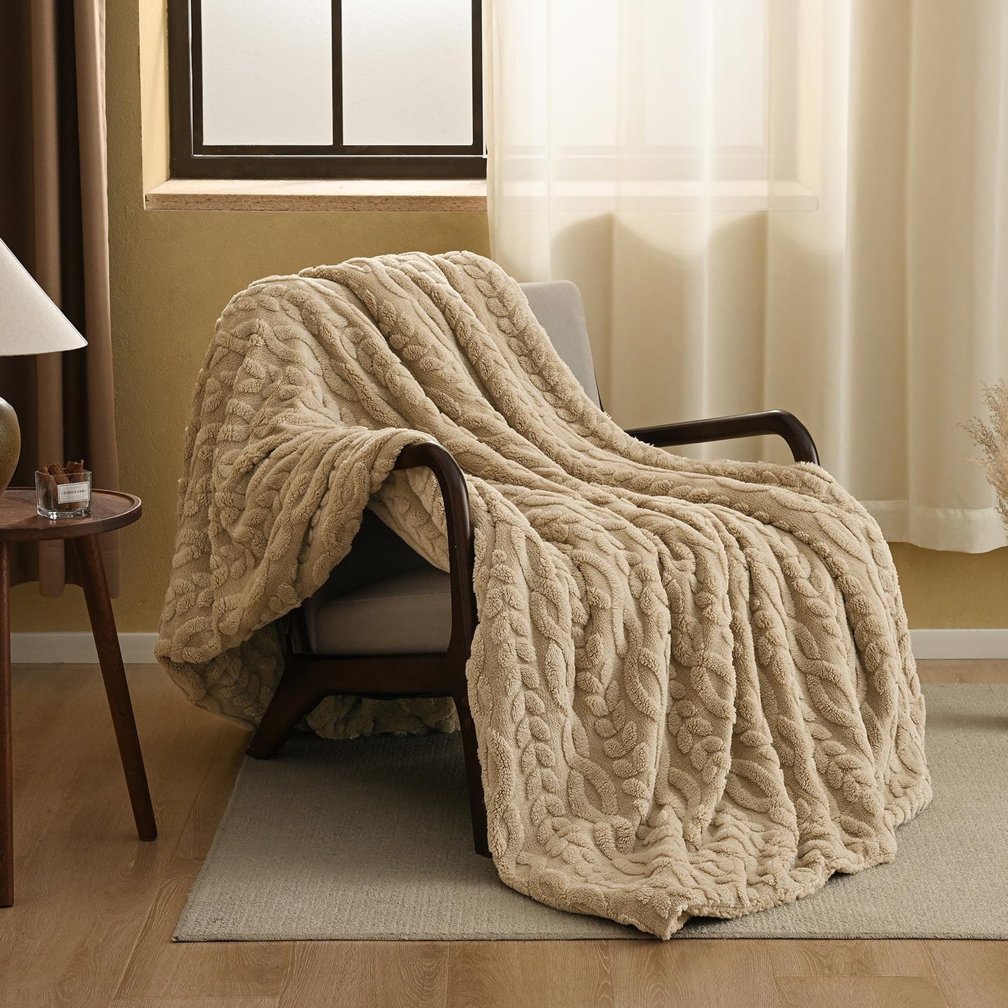 PHF Ultra Soft Sherpa Fleece Blanket Queen Size 90" x 90", 510GSM Fleece Lightweight Yet Warm Blanket for Winter Bed, No Shedding, No Pilling, Tufted Jacquard for Luxury Home Decor, Khaki