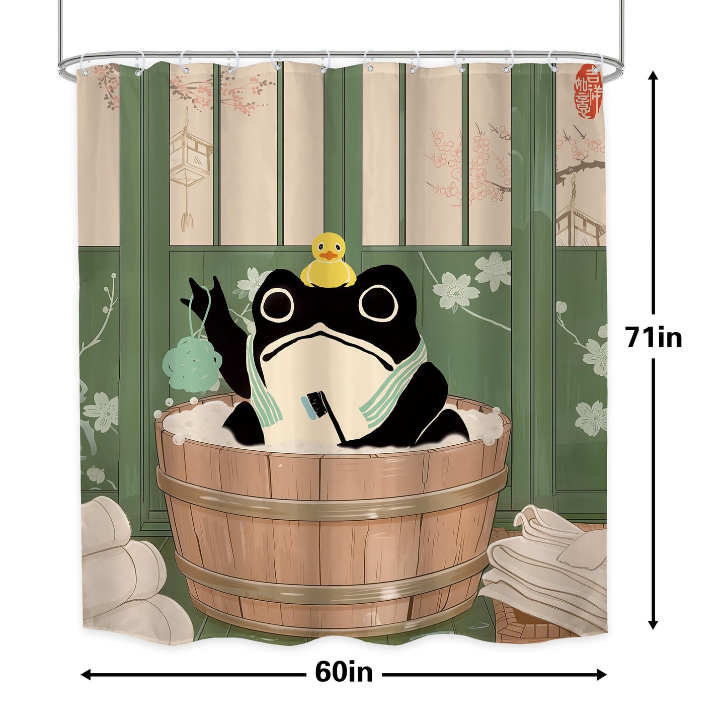LGhtyro Funny Frog Shower Curtain Bathroom Set 60Wx71H Inches Traditional Japanese Cute Animal Cherry Blossom Kwaii Rustic Green Board Bath Accessories Rustic Retro Art Home Decor Fabric 12 Pack Hooks