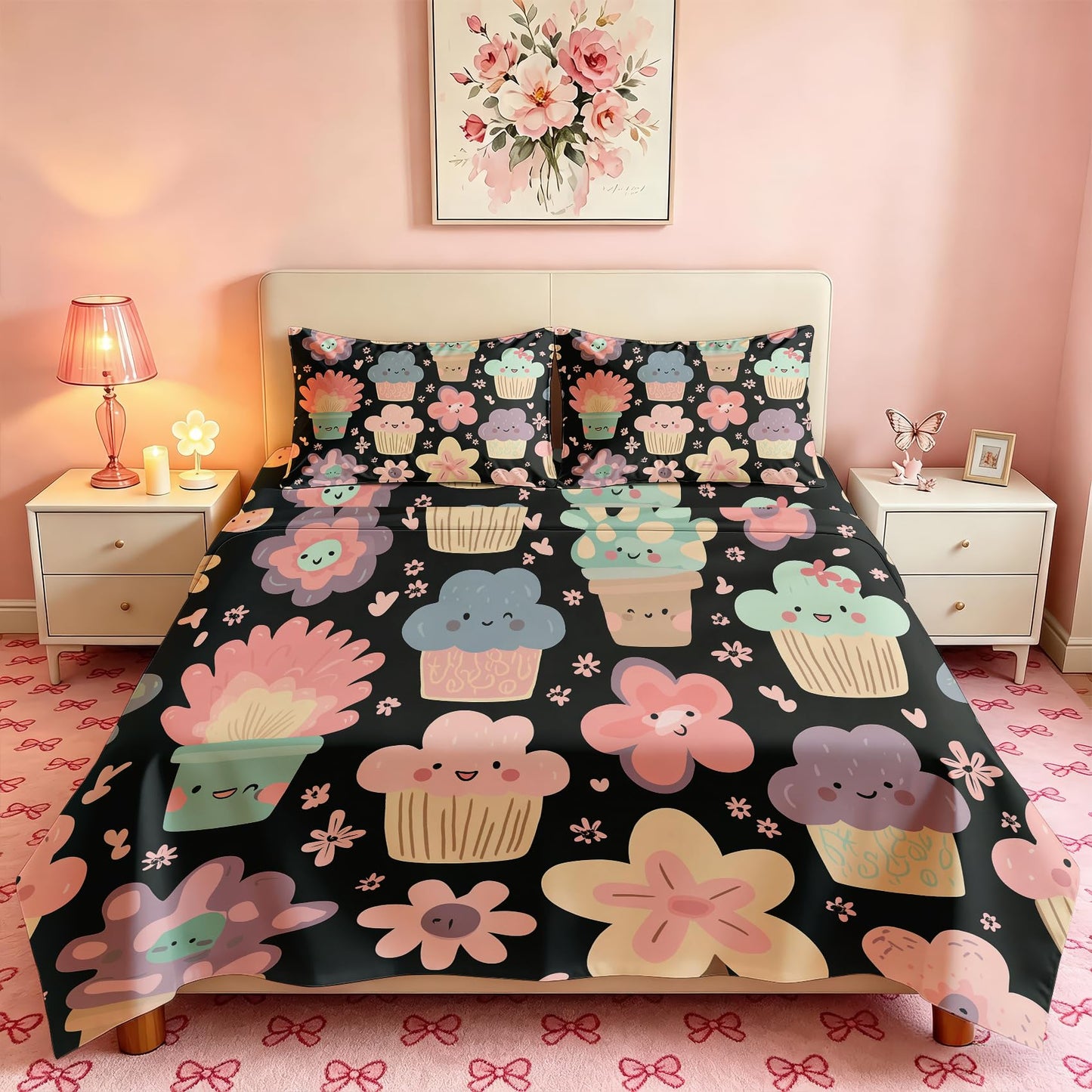 Girls Flower Bedding Set 4 Pcs Kawaii Food Full Sheets