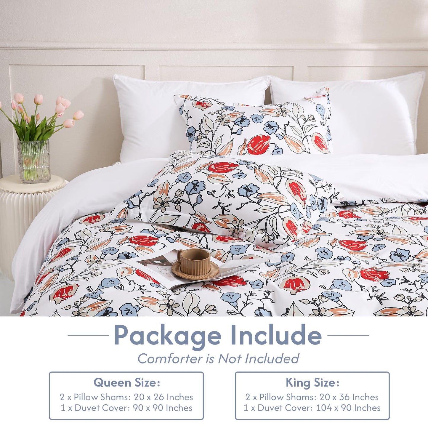 LONAVA Queen Flower 3 Pcs Duvet Cover Set, Breathable Soft Microfiber White Lining Comforter Cover with Zipper Closure, and 2 Anti-Pilling, Fade Resistant Pillowcases, Red Bud