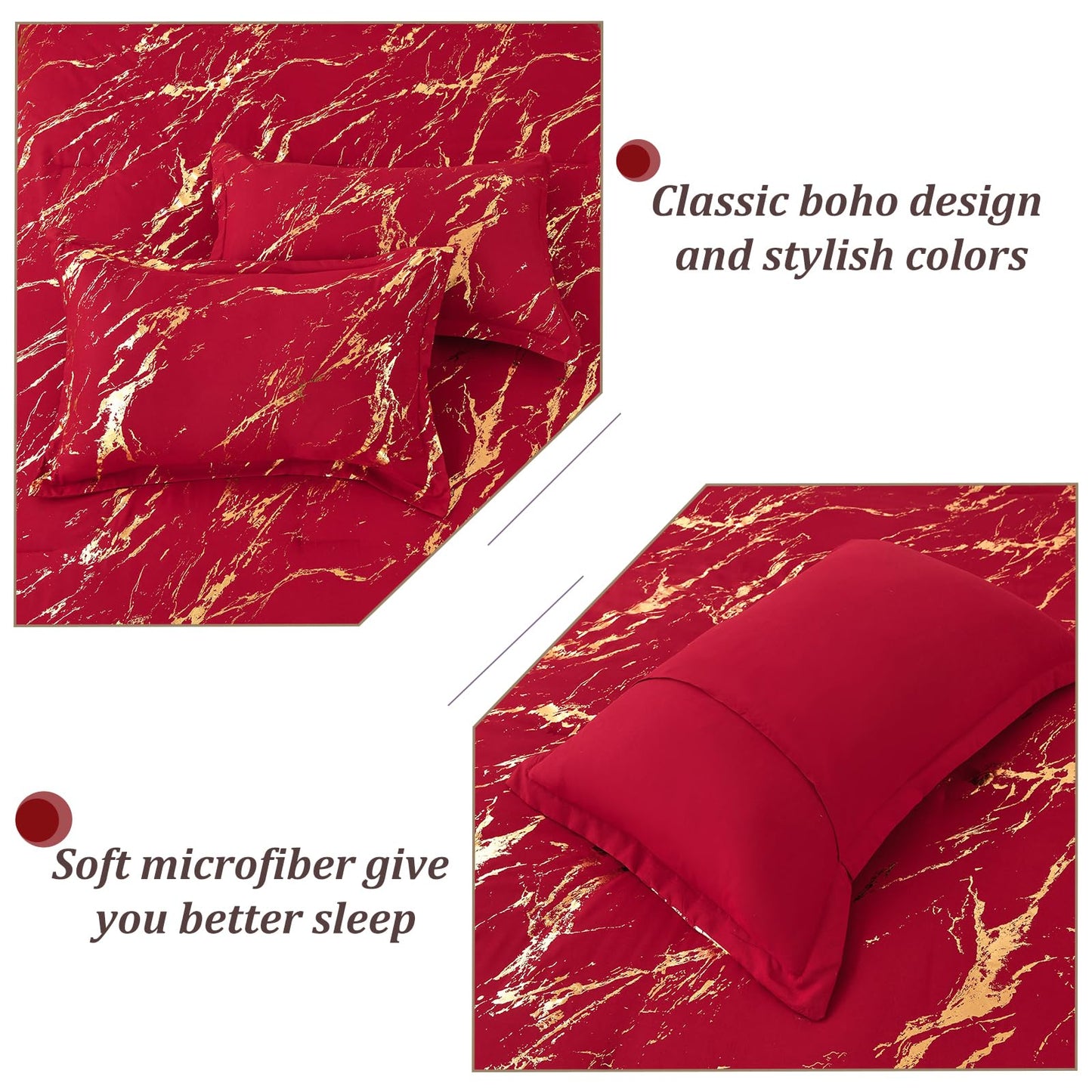 WONGS BEDDING Red Gold Metallic Marble Comforter Set Queen,Red Christmas Bedding Sets with 2 Pillowcases for All Seasons, Soft Microfiber Filling Bedding Duvet Set 90/inx90/in
