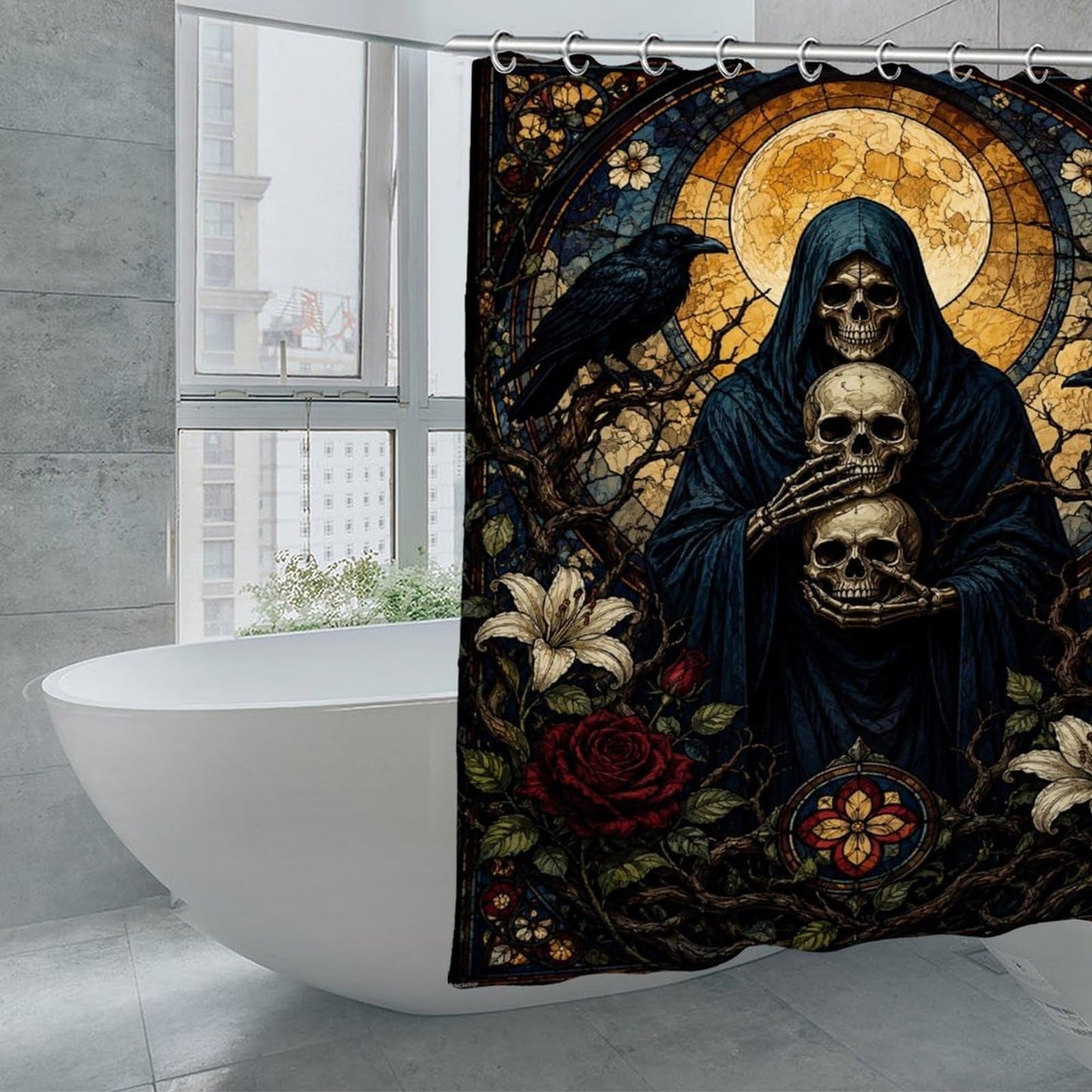 bladesgsd Gothic Skulls and Ravens Stained Glass Art Shower Curtain with 12 Hooks 72x72Inch, Polyester Bathroom Curtain, Privacy Shower Curtain for Bathtub, Shower Stall, Apartment, Guest Bathroom