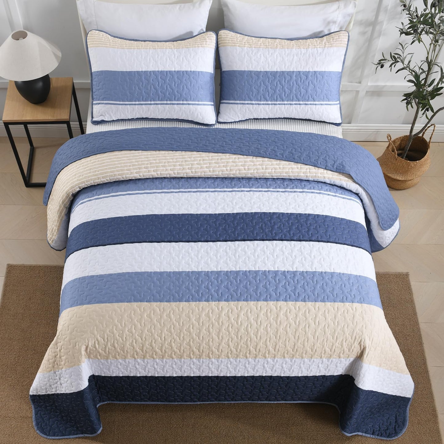 Dinjoy Blue Boho Quilt Set Queen Size, Fall Striped Bedspread Lightweight Farmhouse Bedding Sets 3 Pieces Micofiber Patchwork Coverlet with 2 Pillowcases for Men Bed