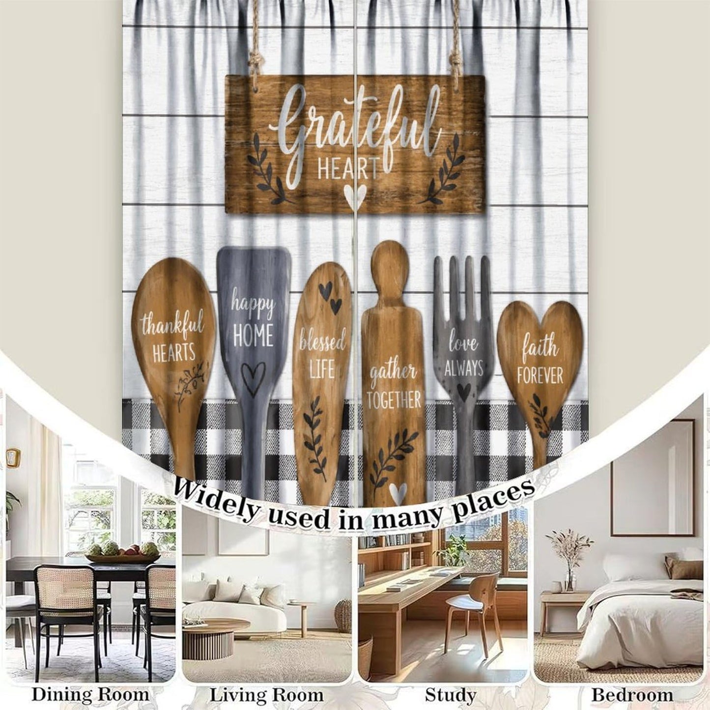 Tificats Farmhouse Kitchen Curtains,Rustic Brown Wooden Utensils Cafe Inspirational Quotes Buffalo Plaid Blackout Rod Pocket Window Treatment for Dining Room Cafe Bedroom21 W x 45" L (Pack of 2)