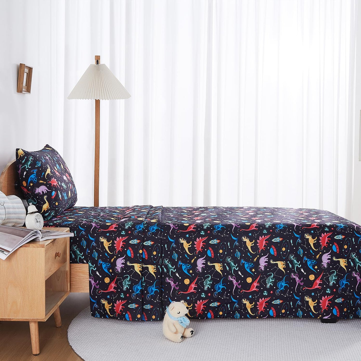 lasoftan Kids Sheet Set Twin Size, Twin Sheet Set with Space Dinosaur Pattern，Breathable Silky Soft Microfiber Kids Fitted Sheet