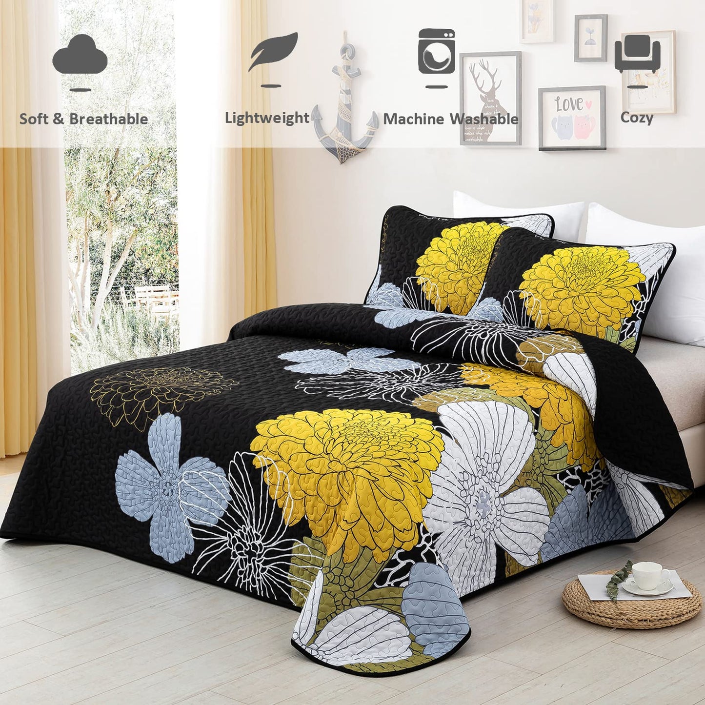 3 Pieces Yellow Floral Pattern Quilts Queen Size Coverlet Set - Lightweight Black Bedspread with 2 Pillowcases for All Season - Soft Microfiber Reversible Bedding Quilt Set (Yellow/Black, 96''x90'')