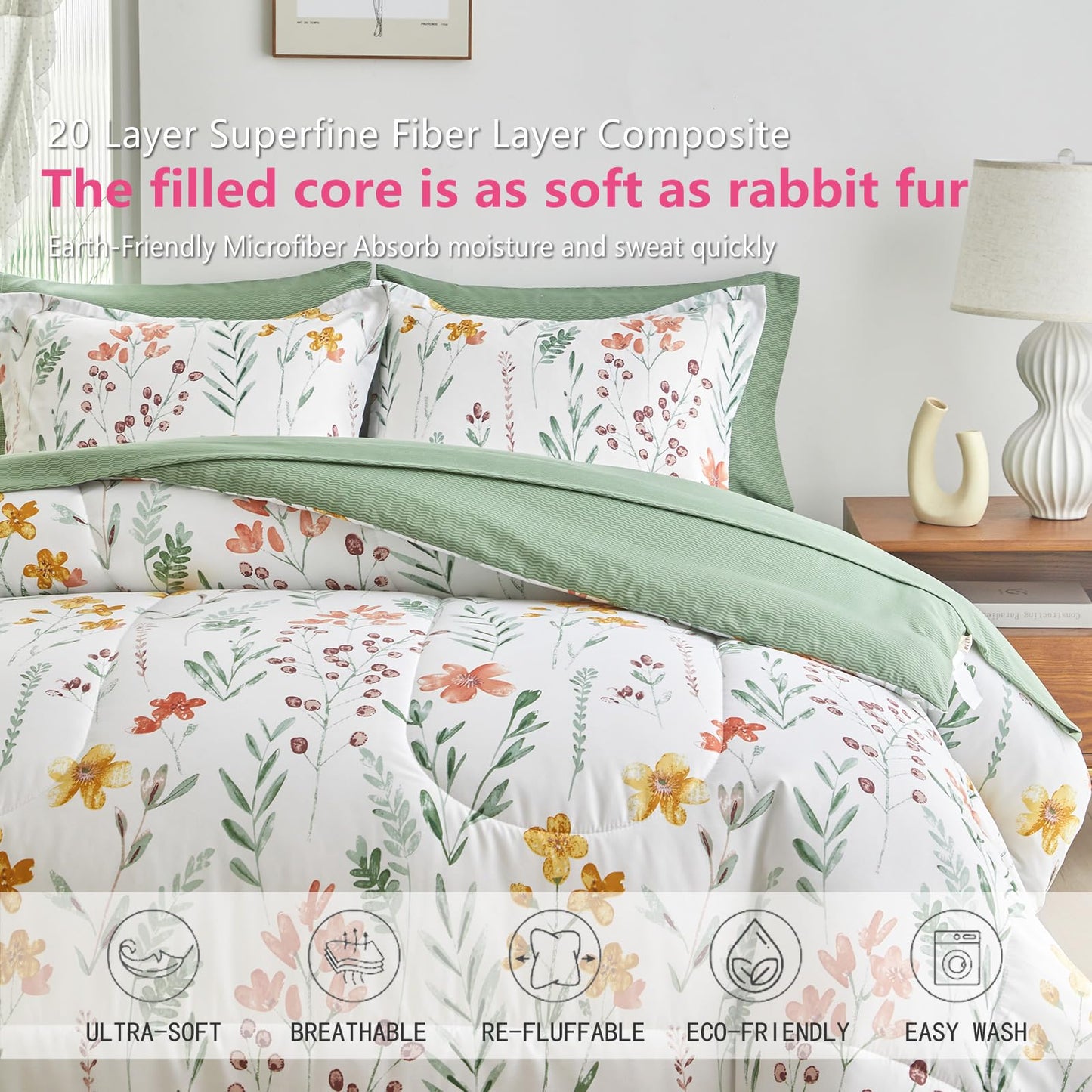AIKASY Bed in a Bag 7 Pieces King Size - Floral Print - Soft Microfiber, Reversible Bed Comforter Set (1 Comforter, 2 Pillow Shams, 1 Flat Sheet, 1 Fitted Sheet, 2 Pillowcases)（White, King）