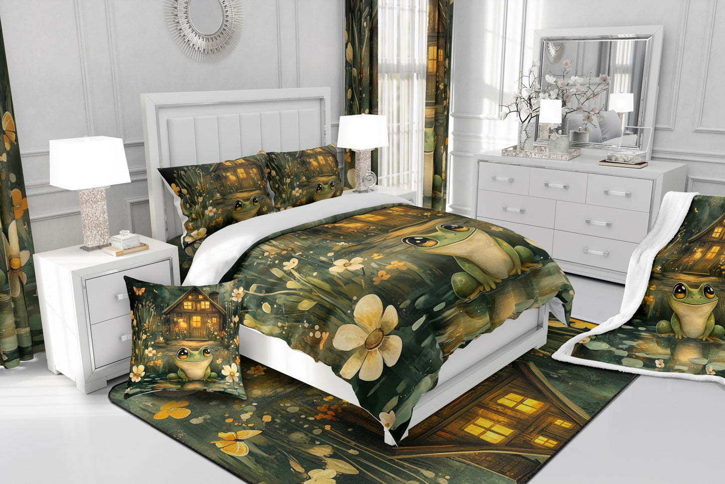 Manfei Cute Frog Kids Comforter Set,Jungle Lodge Wild Animal Dreamy Bedding Set All Season,Rustic Daisy Flowers Lake Lotus Leaves Starry Cabin Comforter 2 Pcs with 1 Pillowcase,Twin Size