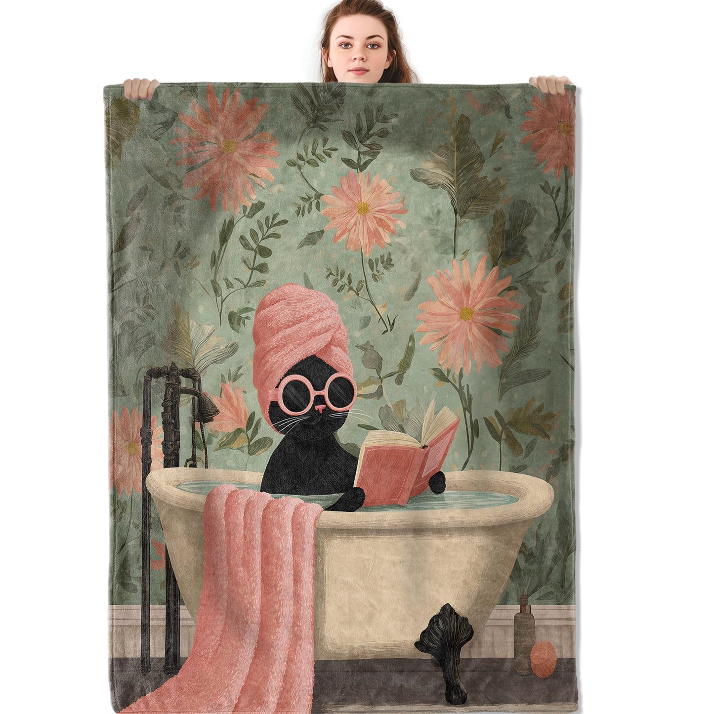 Mniedc Black Cat Bathtub Blanket, Elegant Floral Flannel Throw Blankets, 50"x60", Soft Warm Lightweight Fuzzy Cozy Throws for Couch Bed Sofa Reading Decorative Gifts for Pet Lover Women Girls