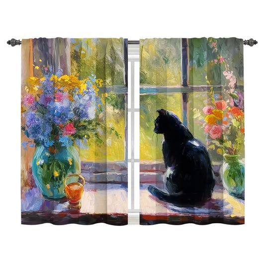 Ecixzyo Cat Flower Kitchen Curtains Short Rod Pocket Drapes Tiers Window Curtains for Basement Bathroom 2 Panels 28x36in