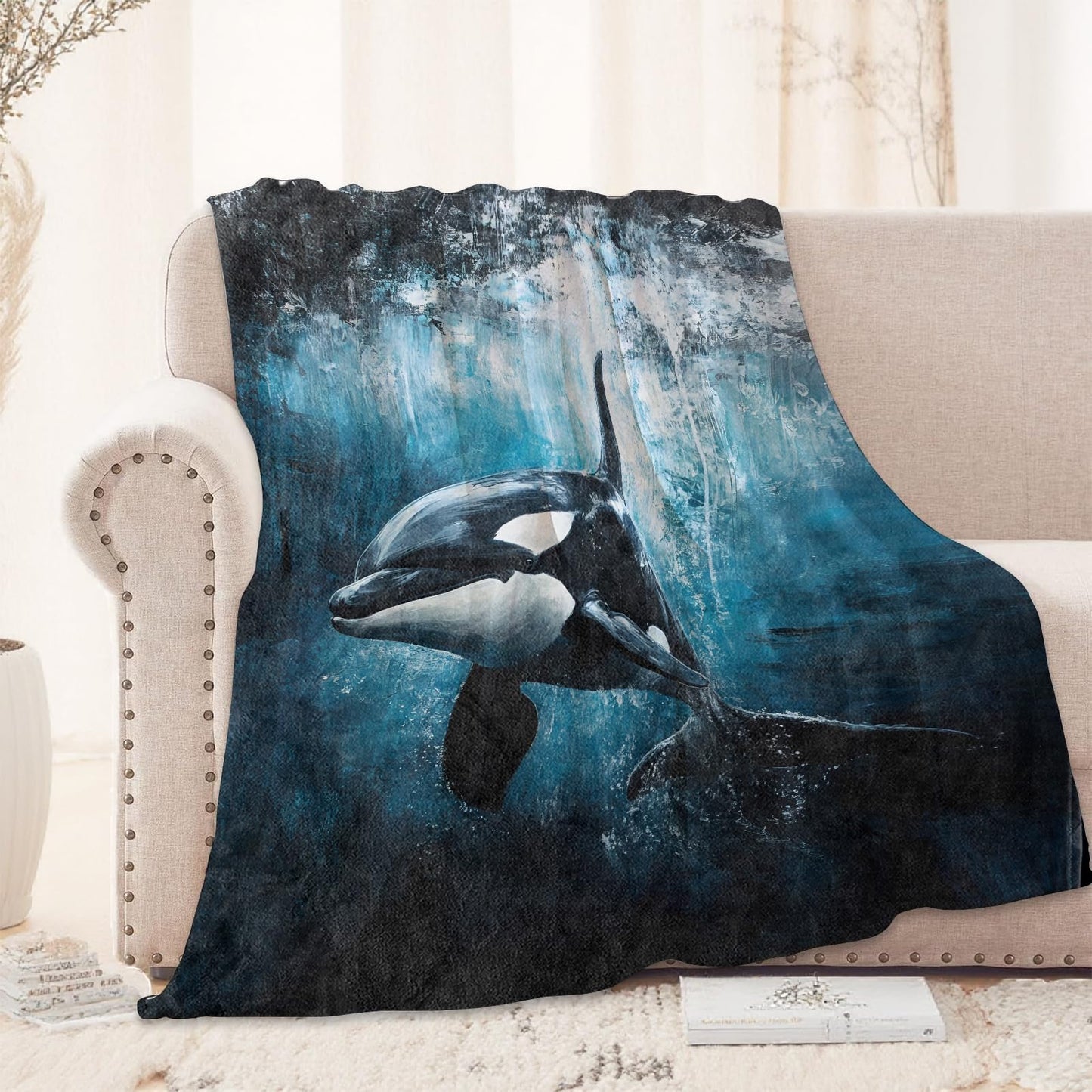 Orca Whale Ocean Blanket 50X60 in, Flannel Throw Blankets for Travel Camping Sofa Living Room Decor, Lightweight Cozy Soft Fuzzy Gifts for Women Adults Kids
