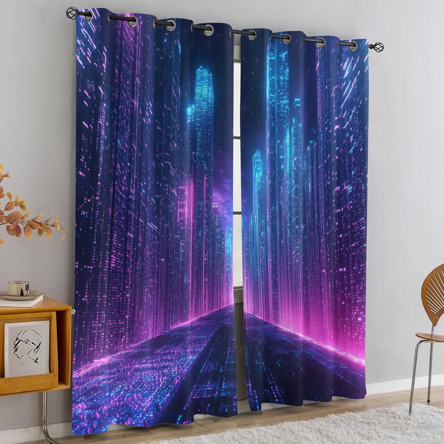 XAFIAUR City Neon Blackout Curtains, City Buildings Printed Drapes, Cyberpunk Thermal Insulated Drapes 2 Panels Darkening Window Curtain for Bedroom Living Room 27" W x 39" L x2