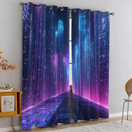 XAFIAUR City Neon Blackout Curtains, City Buildings Printed Drapes, Cyberpunk Thermal Insulated Drapes 2 Panels Darkening Window Curtain for Bedroom Living Room 27" W x 39" L x2