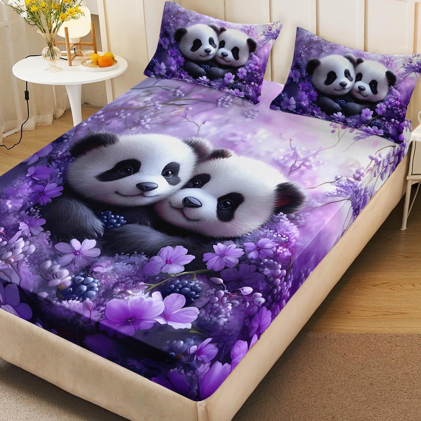 HOSIMA Panda Fitted Sheet Full for Girls Room Decor,Pandas Hugging Each Other in Flowers Field Printed Animal Bedding for Kids Boys,1 Fitted Sheet+2 Pillowcases.