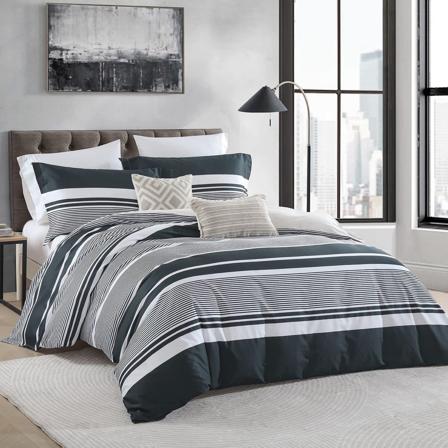 CozyDH Duvet Cover Set King Size - 100% Cotton 400 Thread Count Lightweight Soft Modern, 3 Pieces Striped Bedding Set with 8 Ties Zipper Closure (Black Gray, 104x90, NO Comforter)