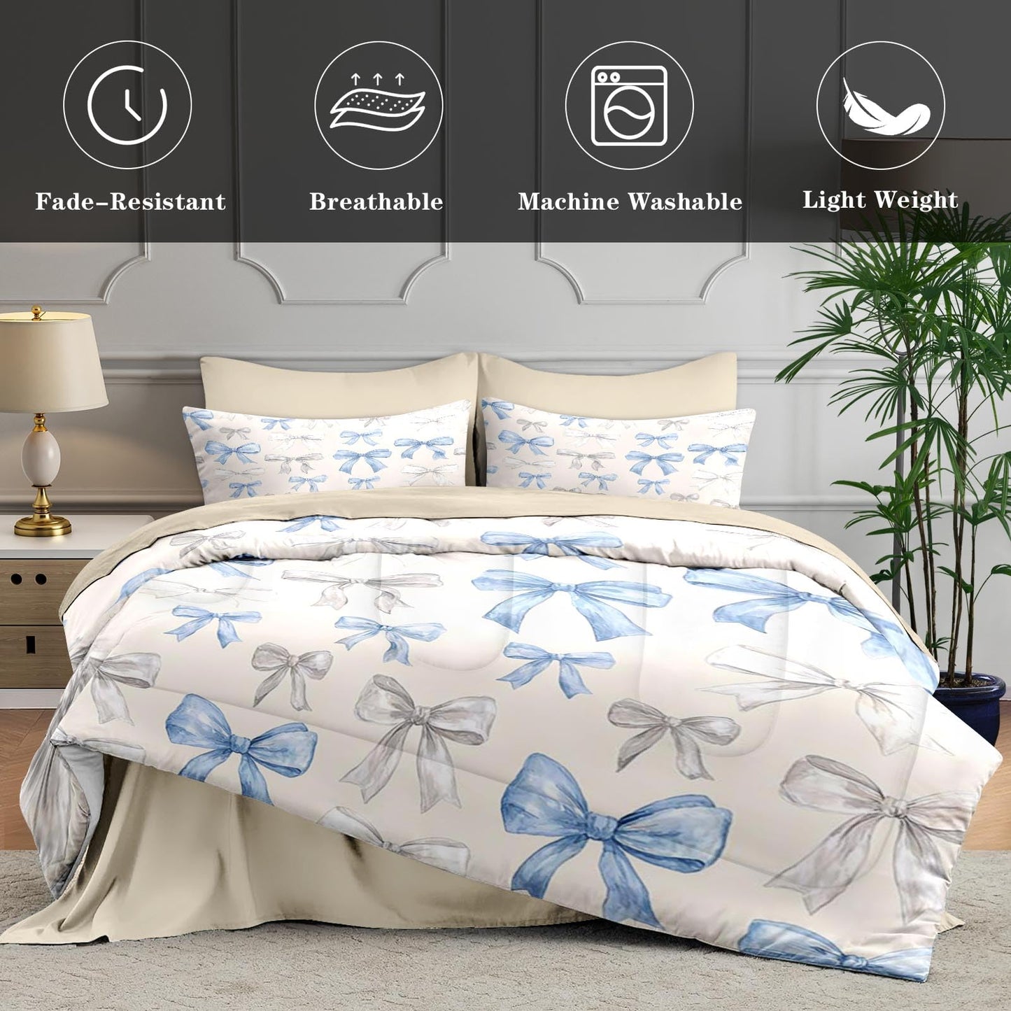 WeCozy 5 Pcs Twin Size Comforter Set with Pillowcase & Sham, Bow Coquette Blue Bedding Set for Kids and Adults, Preppy Girly Bed in a Bag with Flat Sheet and Fitted Sheet