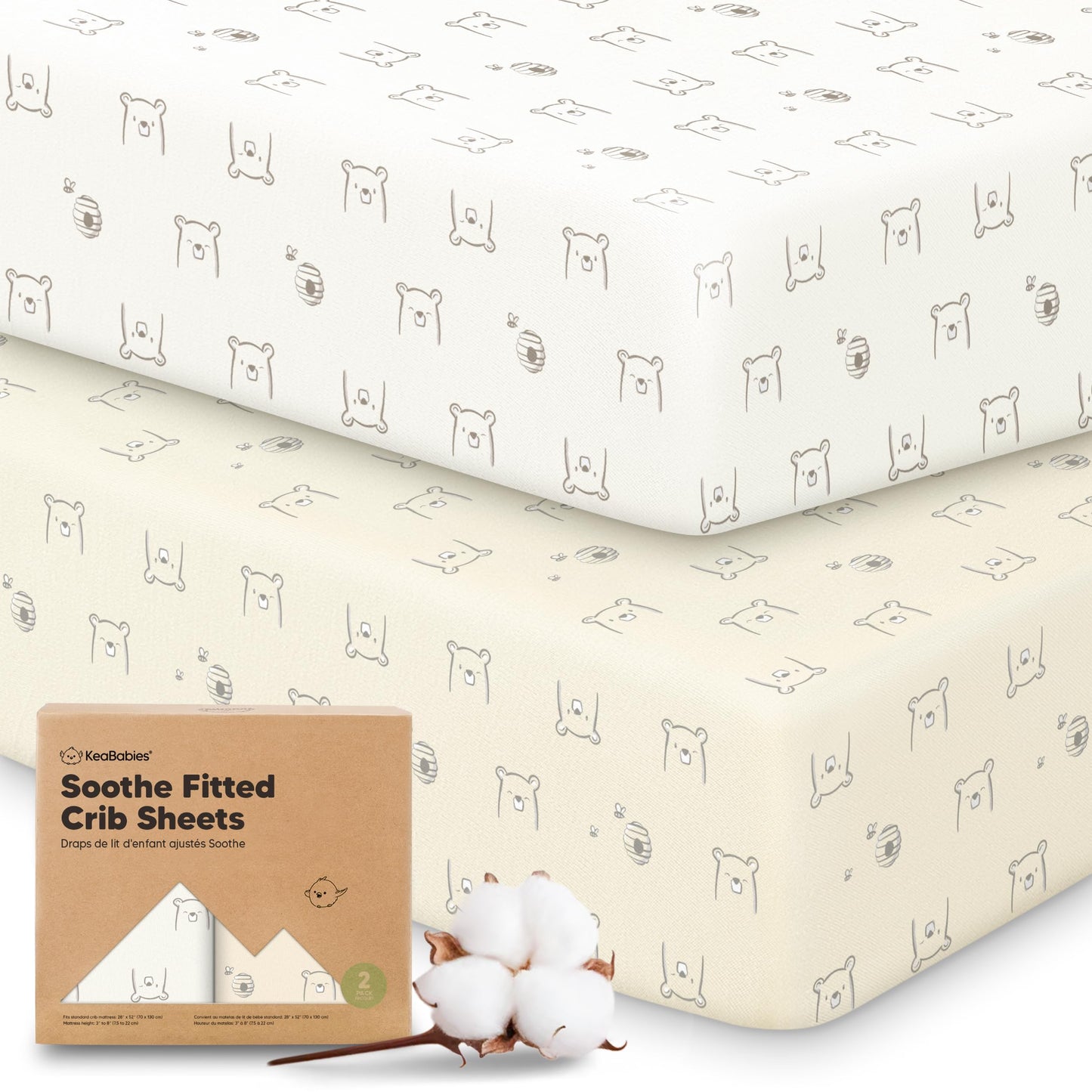KeaBabies 2-Pack Organic Cotton Crib Sheets for Boys, Girls - 52x28 Fitted Crib Mattress Sheet Neutral, Breathable Cover for Baby Bed Set, Toddler Mattress, Soft & Cute Prints (Bumble Bear)