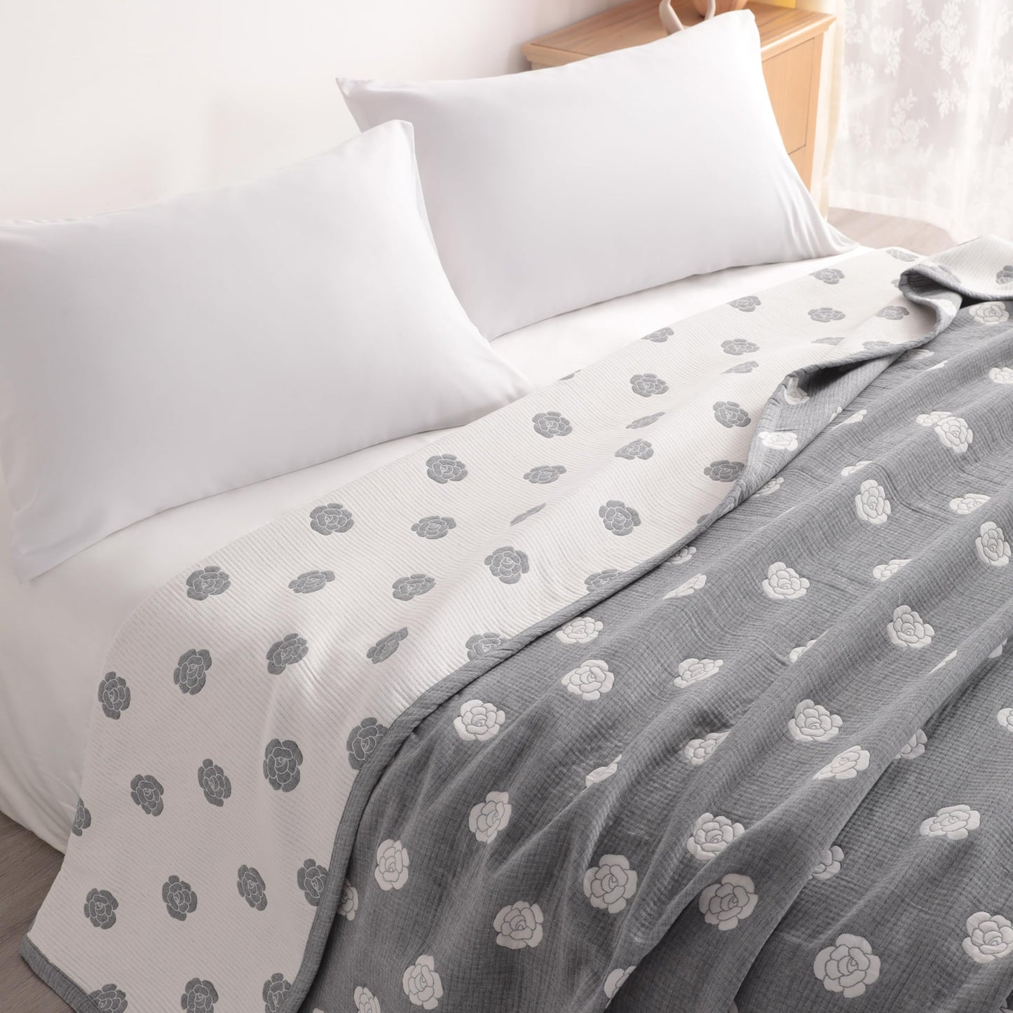 NTBAY 3 Layers Cotton Muslin 106x92 King Bed Blanket, Super Soft Breathable Thermal Yarn Dyed Quilt for Adults, Perfect Lightweight Blanket for Couch Sofa Bed All Seasons, Grey Rose