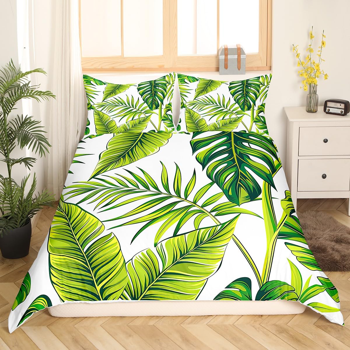 Fresh Leaves Tropical Duvet Cover Set Queen,Green Plant Bed Cover,Botanical Banana Tree and Palm Tree Leaf Pattern Printed in White Comforter Cover, Beach Hawaiian Bedding Collection with Zipper