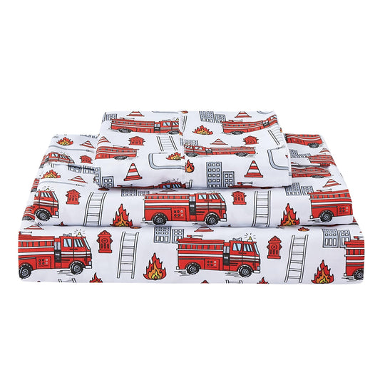 Softan Kids Bed Sheet Set, Boys Full Size Sheets, Microfiber Kids Fitted Sheet and Pillowcase, Breathable and Silky Soft, 4 Piece Fire Engines Printed Full Bed Sheet
