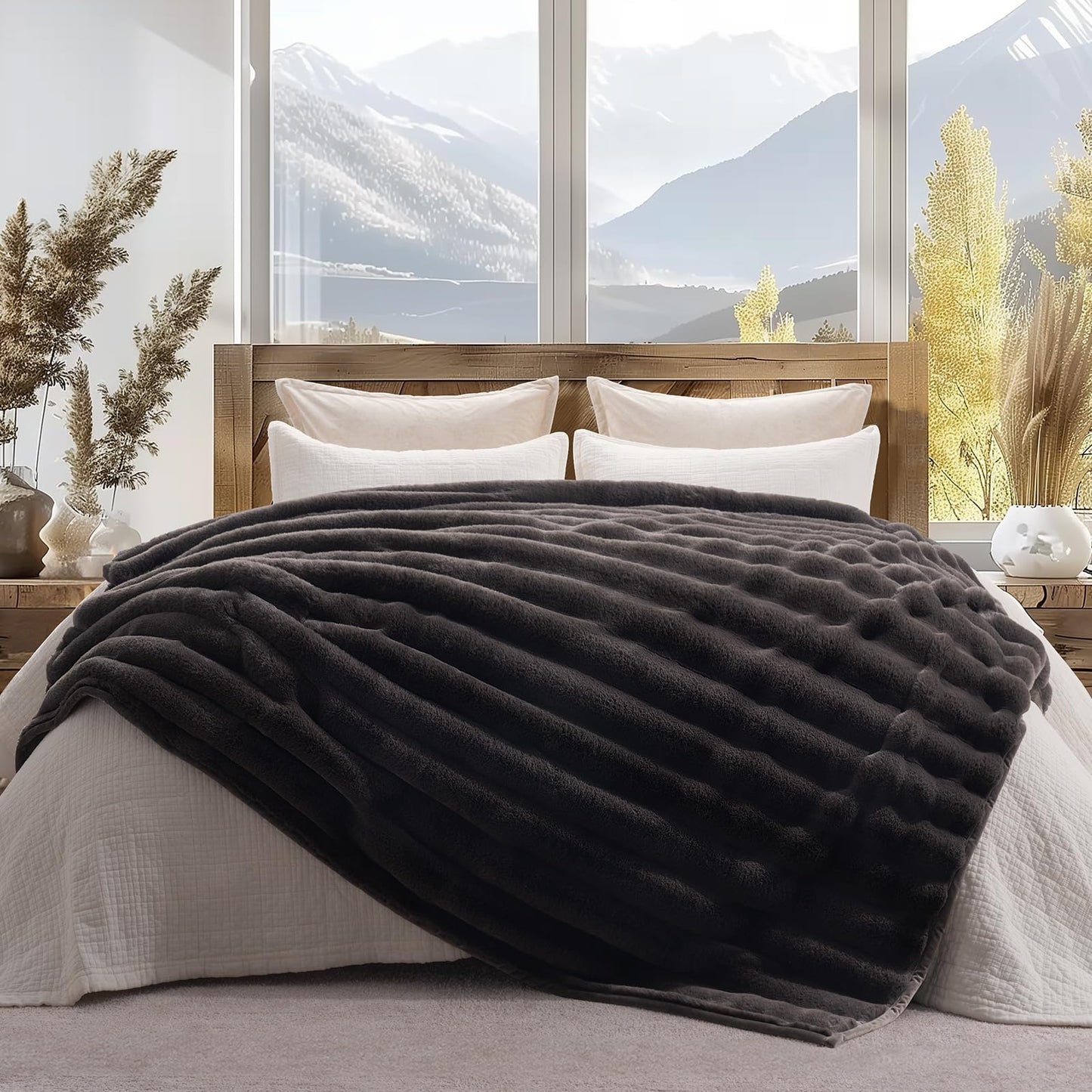 EverGrace Soft Luxury Faux Rabbit Fur Throw Blanket for Couch, Cozy Fluffy Channel Throw Blanket for Bed, Fuzzy Warm Thick Mink Blanket with Reversible Velvet for Winter, Chocolate, 50"x60", 820GSM