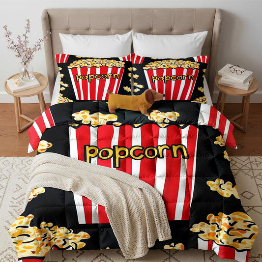 Popcorn Comforter Set Twin Size 2 Pcs - All Season Duvet Insert & Pillowcase, Vintage Movie Night Bedding Set, Soft Lightweight Down Alternative Comforter, Cinema Theater Themed Bedroom Decor