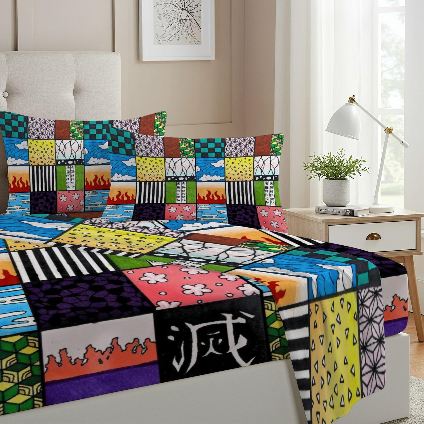 Allenjoy Twin Size Demon Battles Fitted Sheet Anime Bed Flat Sheets Bedding Set Deep Pockets Up to 16" Bedroom Decor with 1 Pillowcase SC00040-009