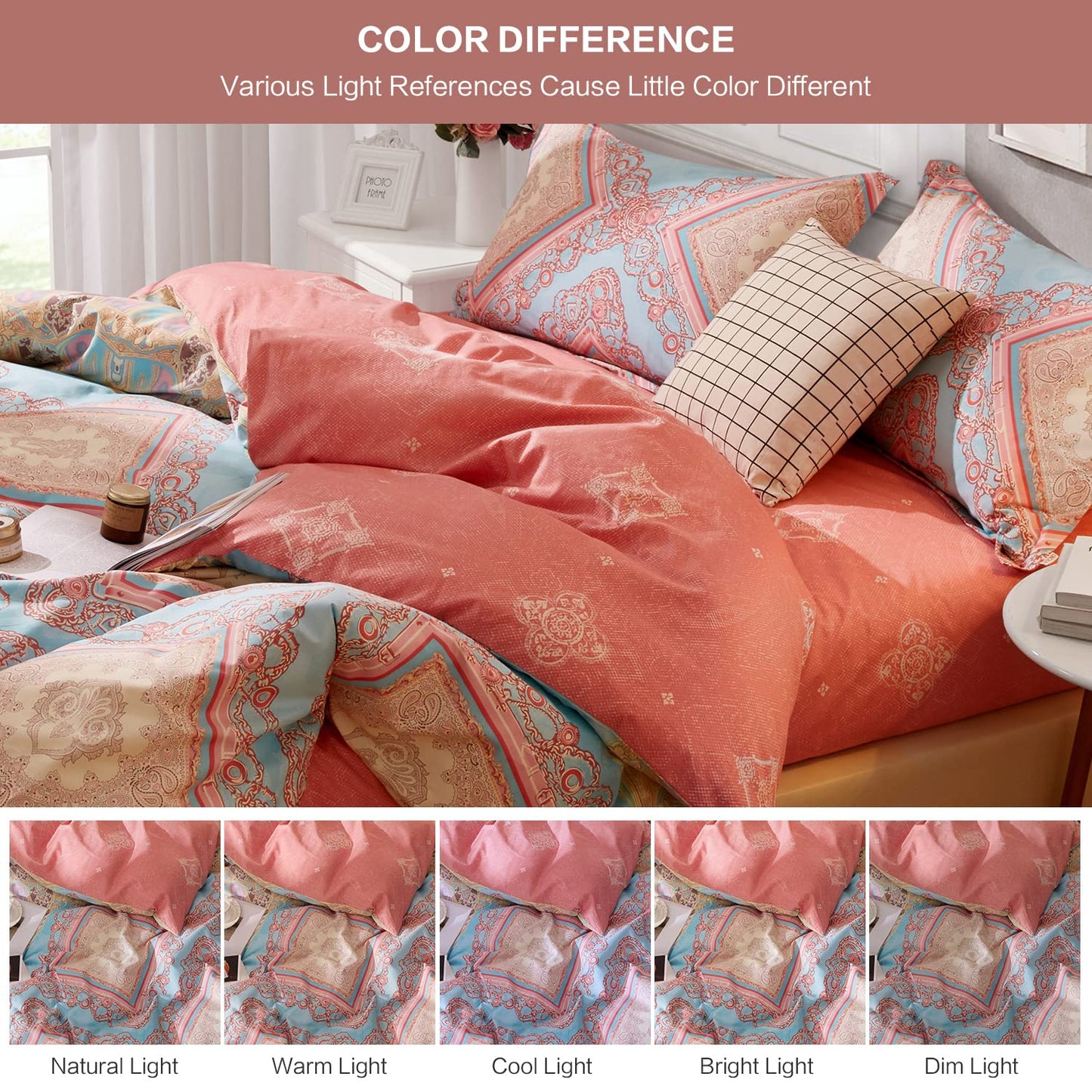 SAPHREAS Bohemian Duvet Cover Set Full Size 3pcs Pink Boho Cotton Bedding Comforter Cover Set Blue 1 Duvet Cover 2 Pillow Shams