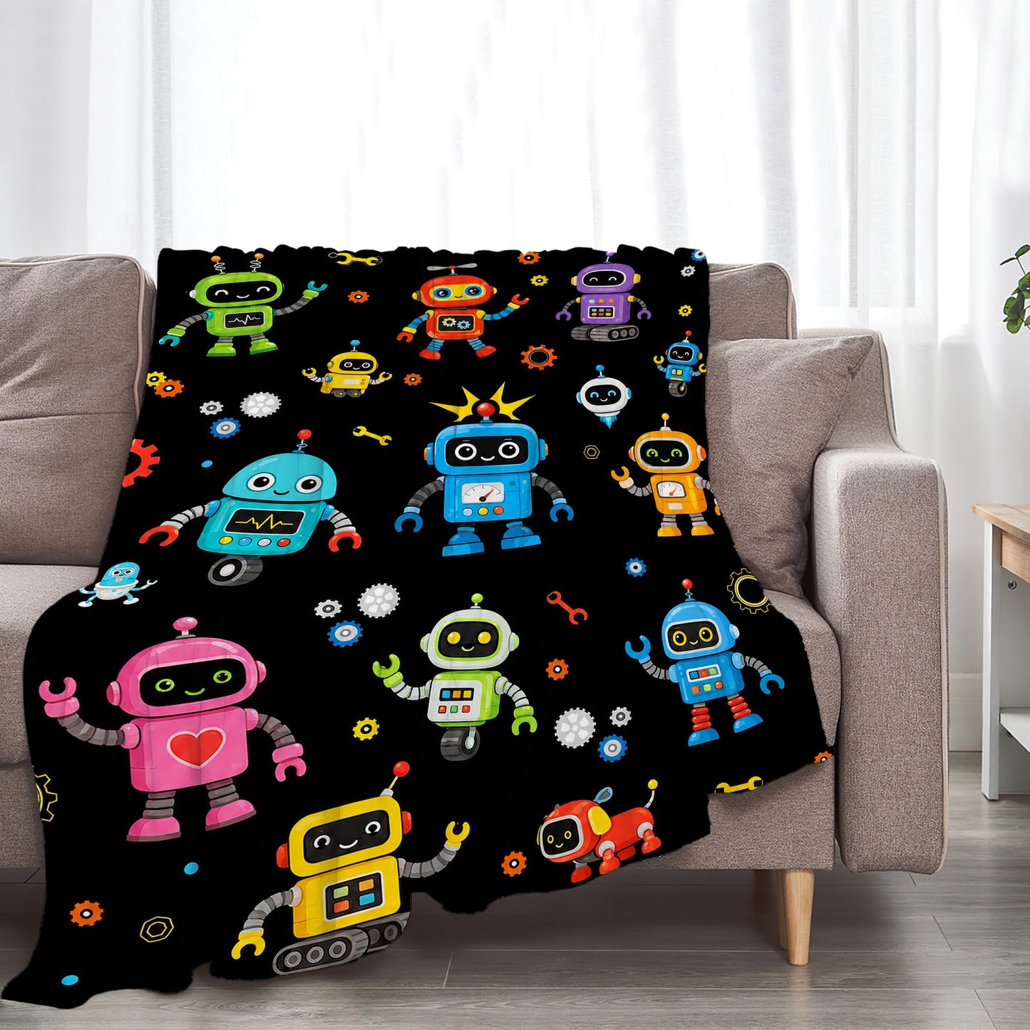 Robot Blanket Soft Fuzzy Fleece Cartoon Robots Machine Throw Blankets Decor Cozy Warm Plush Flannel Blanket Gifts for Toddler Boys Girls Kids Teens Adults Home Decor Stuff Sofa Couch Bed 50"X40"