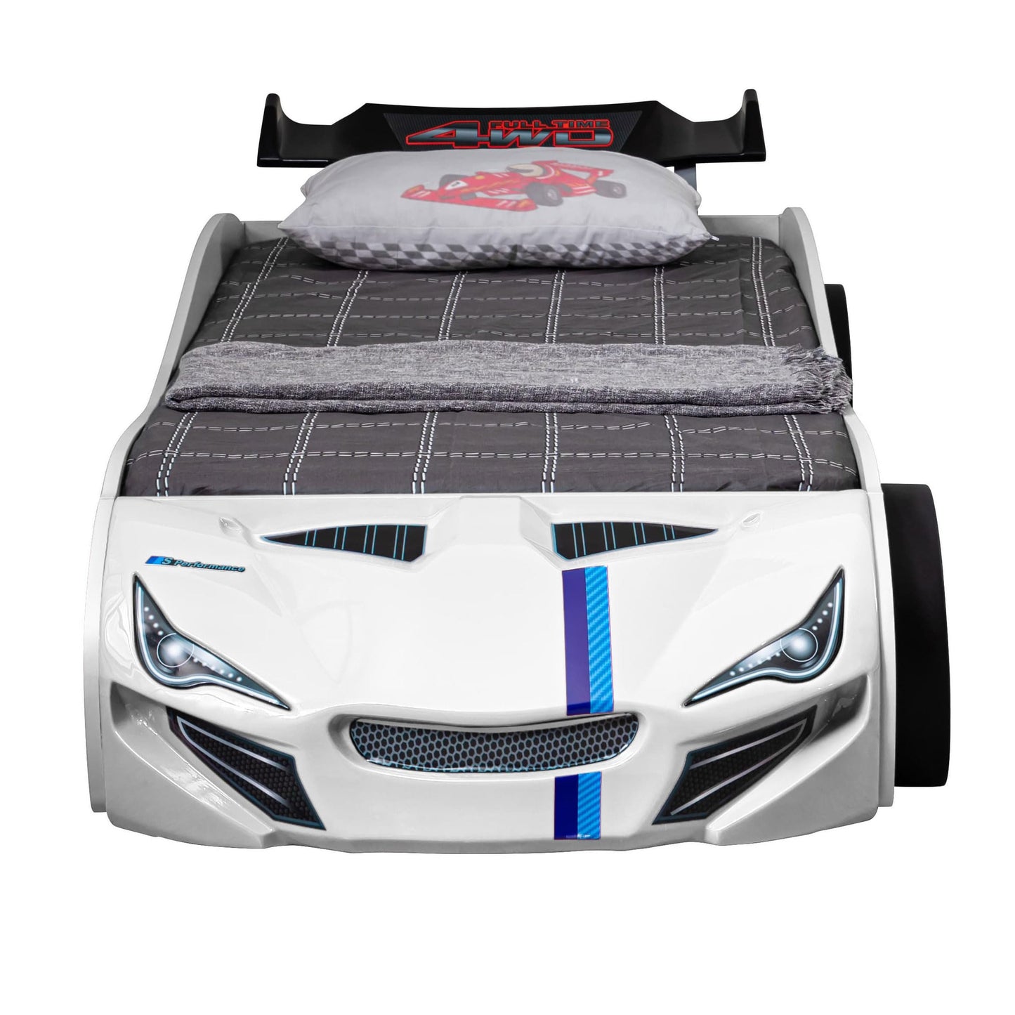 Furniture of America Redvers Modern Wood Twin-Size Kid Bed with Race Car Design and Pull-Out Trundle, No Box Spring Required for Toddler, Teens, Boys or Girls, White