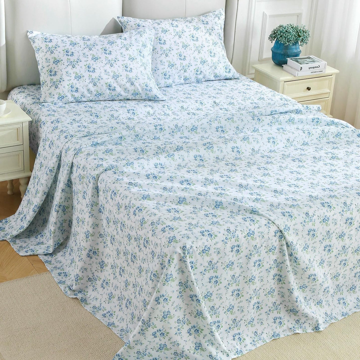 MUXHOMO Queen Size 4 Piece Sheet Set, Soft Breathable Bed Sheet Set for Bedroom with Deep Pocket Up to 16", Wrinkle-Free & Cooling Bedding for Oeko-TEX Certified - Blossoms Light Blue