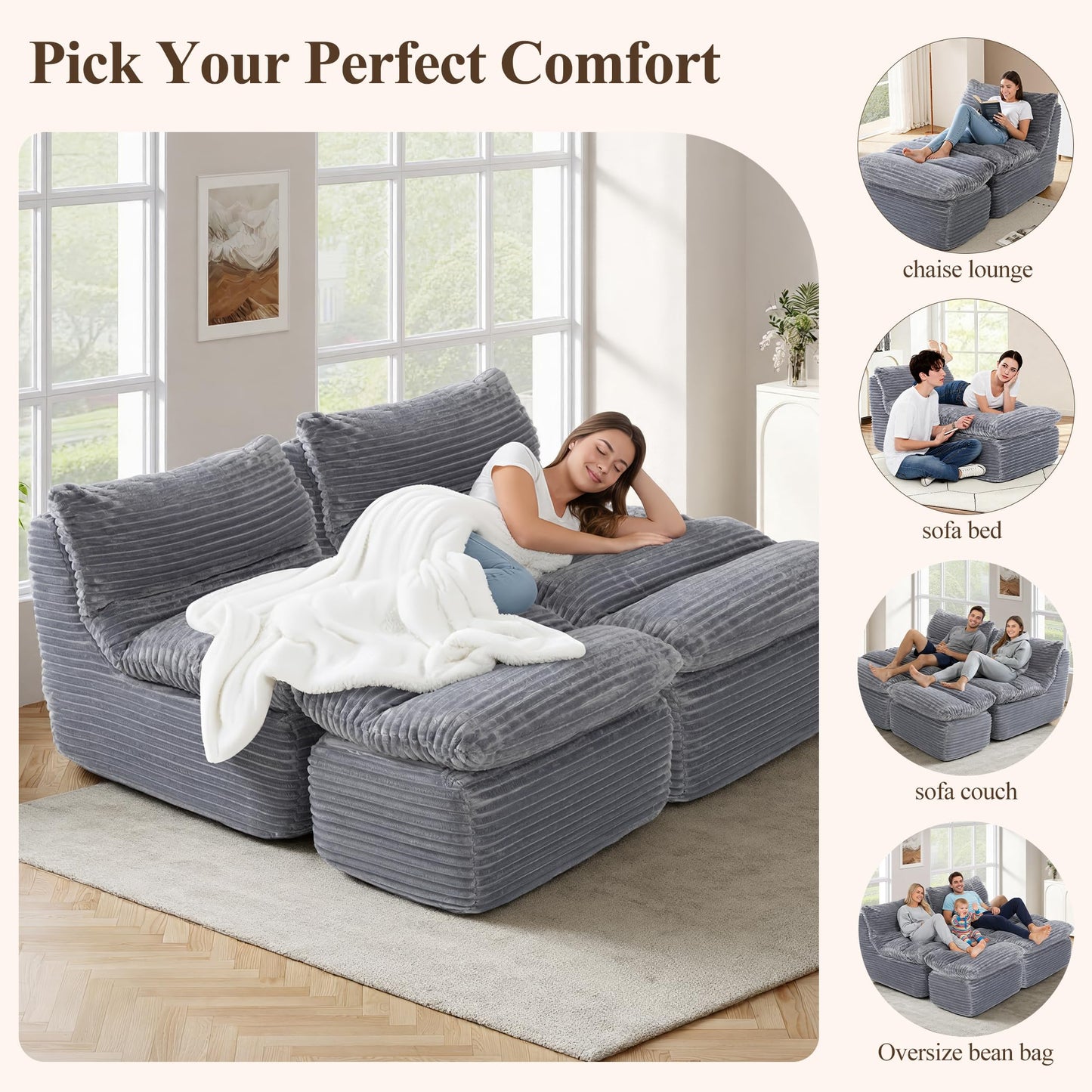 COLAMY Bean Bag Chair, Lounge Chair with Removable Ottoman for Adults, Comfy Fabric Sofa Bed Couch with Memory Foam, Backrest for Living Room, Office, Bedroom, Grey