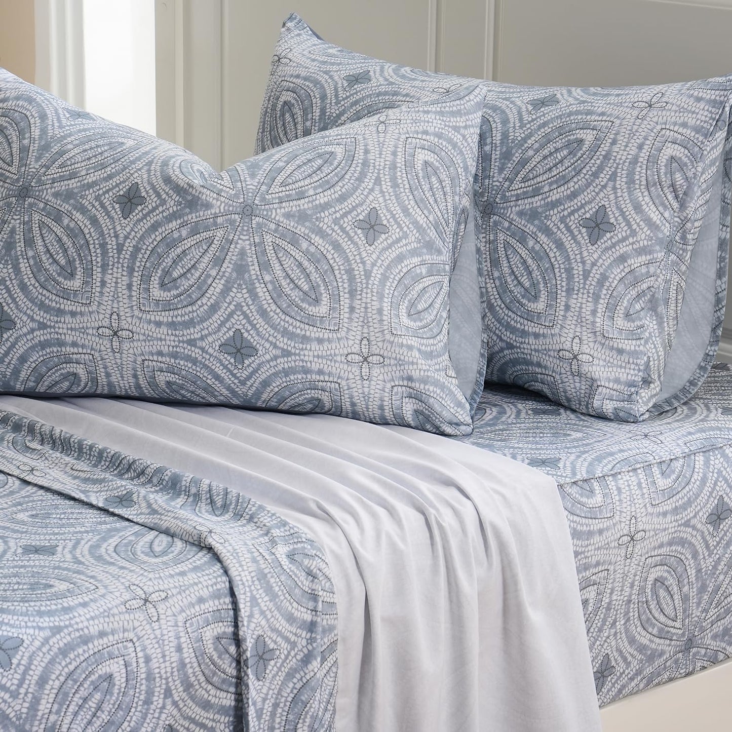 Zusbest Queen Sheet Set 100% Percale Cotton Grey Printed Bed Sheet Set, Brushed for Extra Softness, Luxury Flannel Like Sheets Modern Classic Navy Printed Deep Pocket Sheets 17.5'' 4 Pcs
