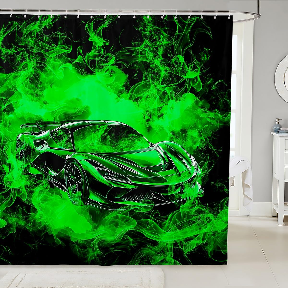 Feelyou Speed Sports Car Shower Curtain 72"x72" Smoky Race Car Bath Curtain for Boys Girls Teens Racing Bath CurtainWaterproof Polyester Fabric Extreme Sports Kids Bathroom Accessories Black Green