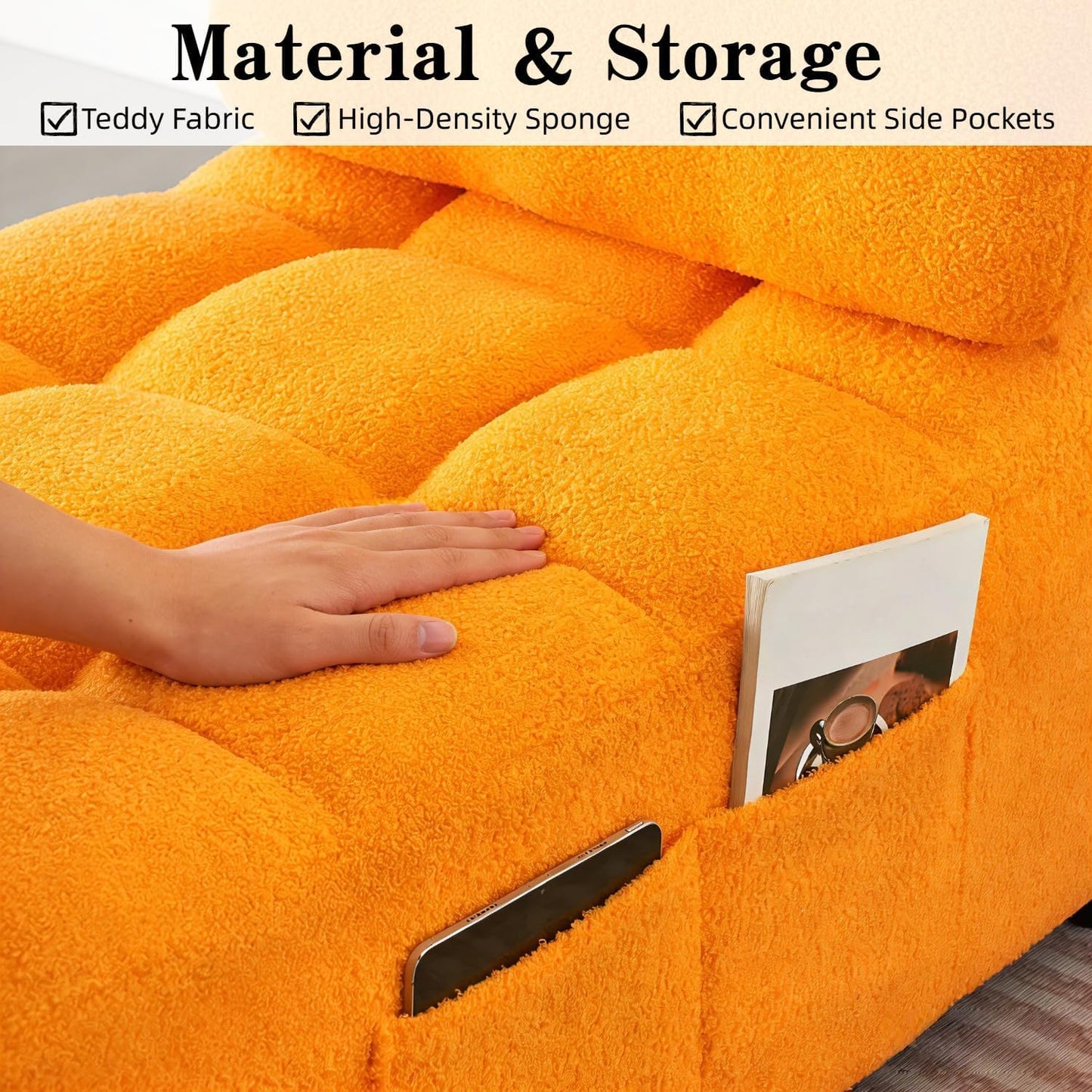 JvFun 40" L Convertible Sofa Bed, 3-in-1 Multifunctional Lounge Sleeper,Pullout Guest Bed with Side Pocket & Phone Holder, Adjustable Backrest | Design for Small Spaces, Living Room & Bedroom,Orange