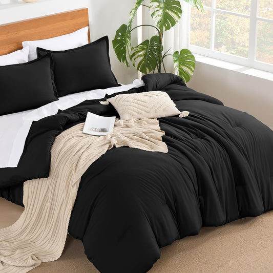 Andency Black California King Comforter Set - 7 Pieces Bed in a Bag Cal King Bedding Comforter Sets, Summer Plain Soft Lightweight Comforter with Fitted Sheets, Flat Sheets, Pillowcases & Shams