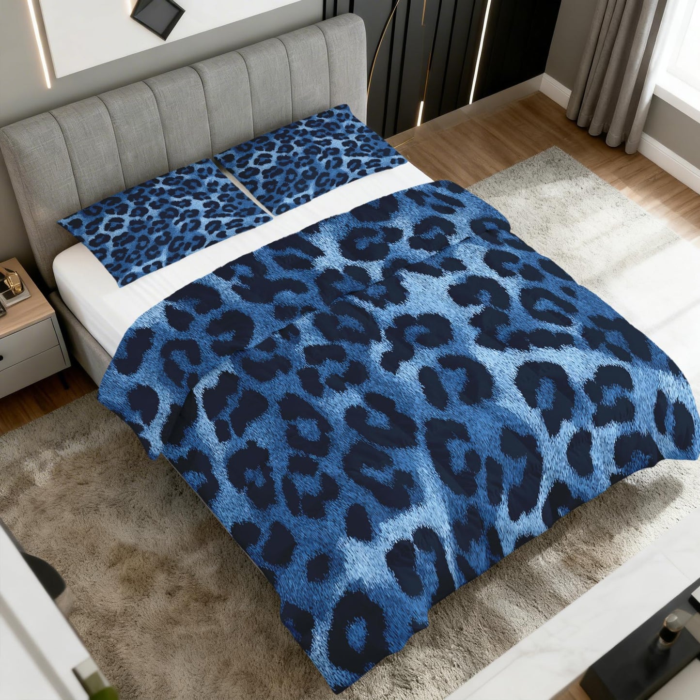TANCAPRIUM Blue Leopard Print Comforter Set Twin - Animal Print Bedding Set & 2 Pilow Cases for All Season - Soft Reversible Down Alternative 3 Piece. Animal Skin Bedrom Decor