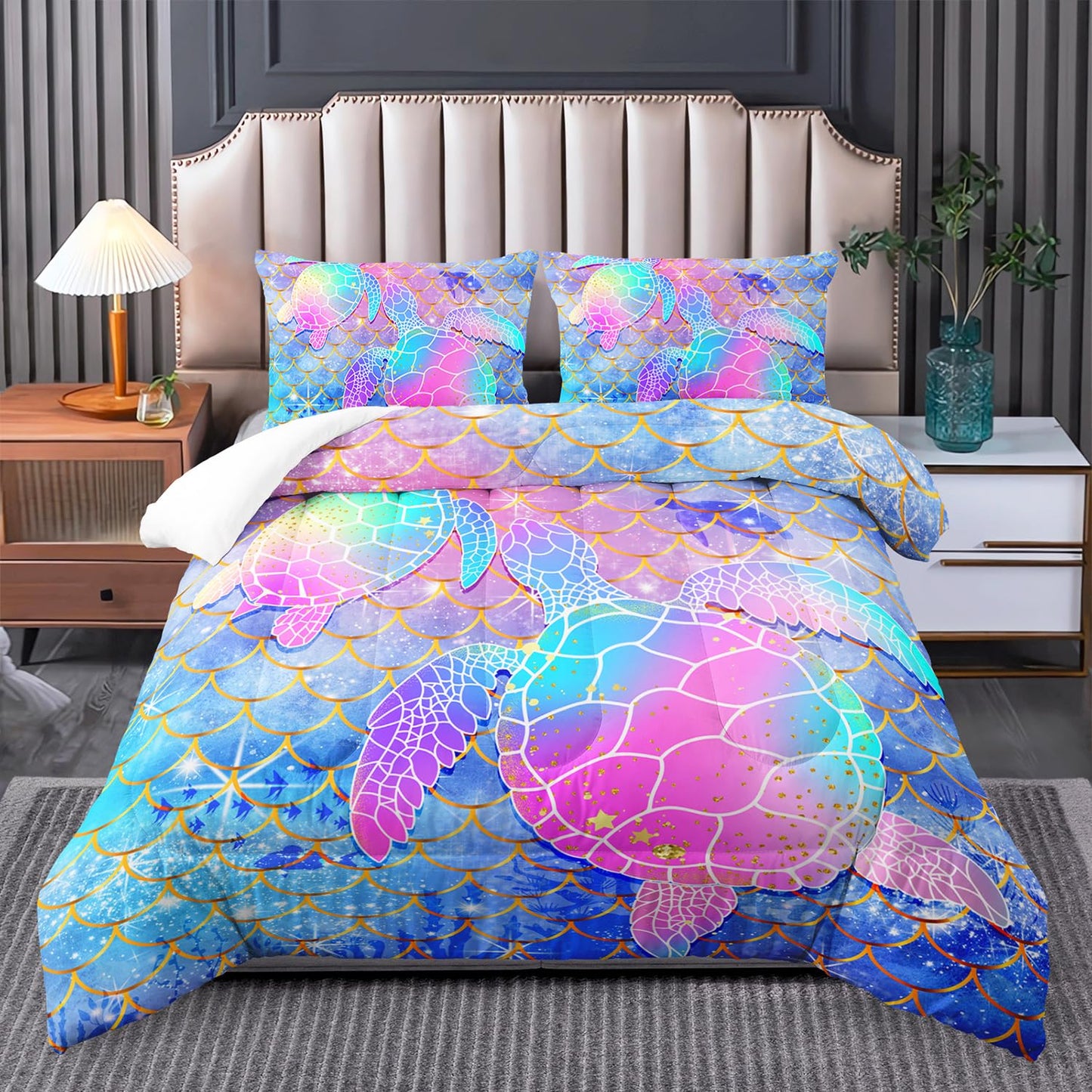 Mermaid Scales Bedding Set for Girls,Rainbow Scales Mermaid Printed Comforter Set Full Size for Kid Women,Glitter Star Bed Set Quilts Set Lightweight Soft Microfiber Warm Down Alternative All Season