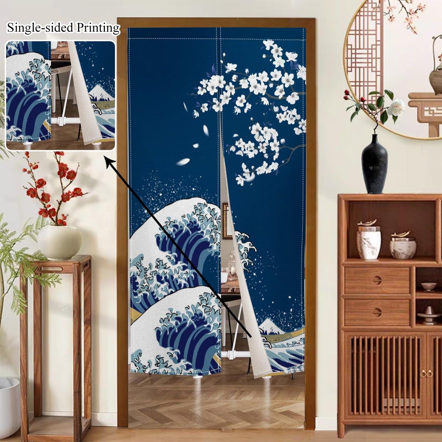Leowefowa Japanese Noren Doorway Curtain Long Style Japanese Waves Cherry Blossom Printed Fengshui Window Treatment Door Curtain Tapestry for Room Privacy Divider Home Kitchen Decor, 33.5"x 70.9"