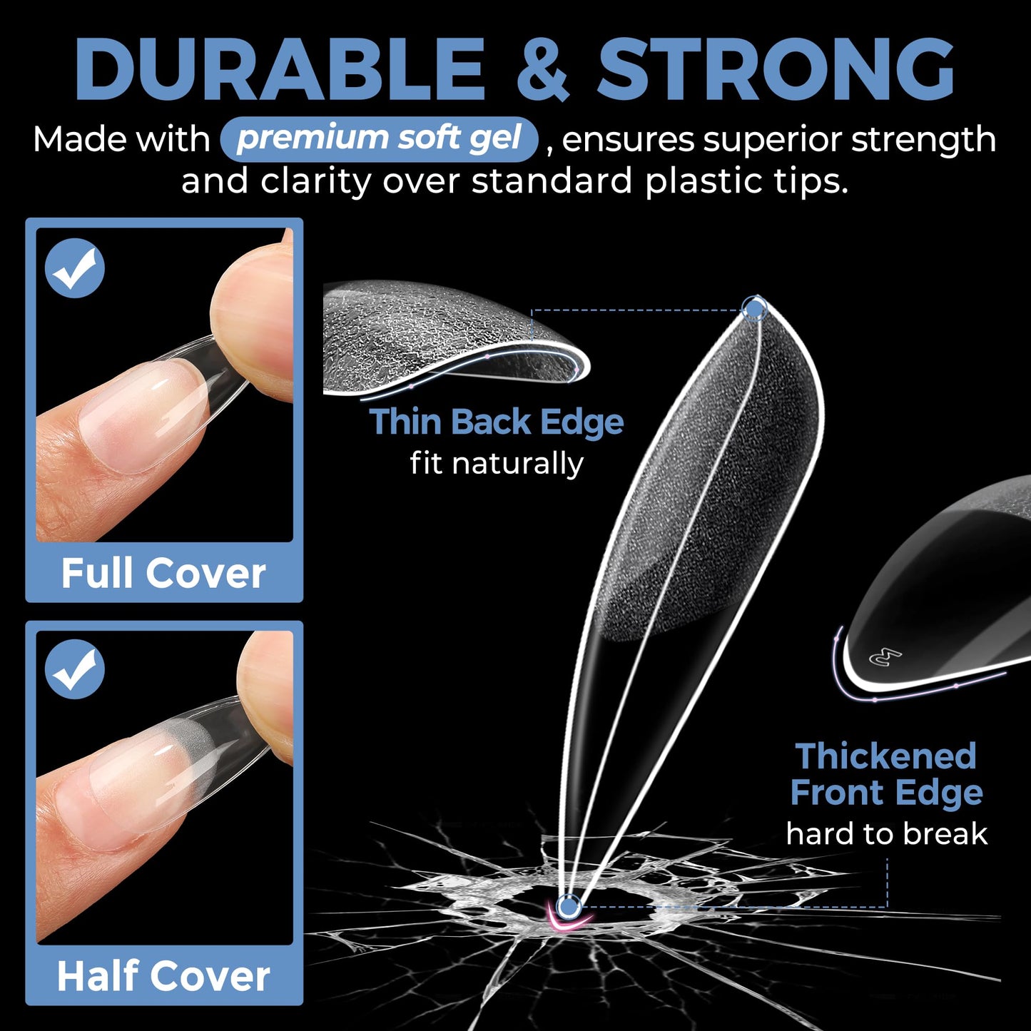 UNA GELLA Medium Stiletto Gel Nail Tips Full Cover 216Pcs Almond Shape Nails Tips Stiletto Pre etched Soft Gel Nails Clear Fake False Nail Tip For Home Art Salon 12 Sizes