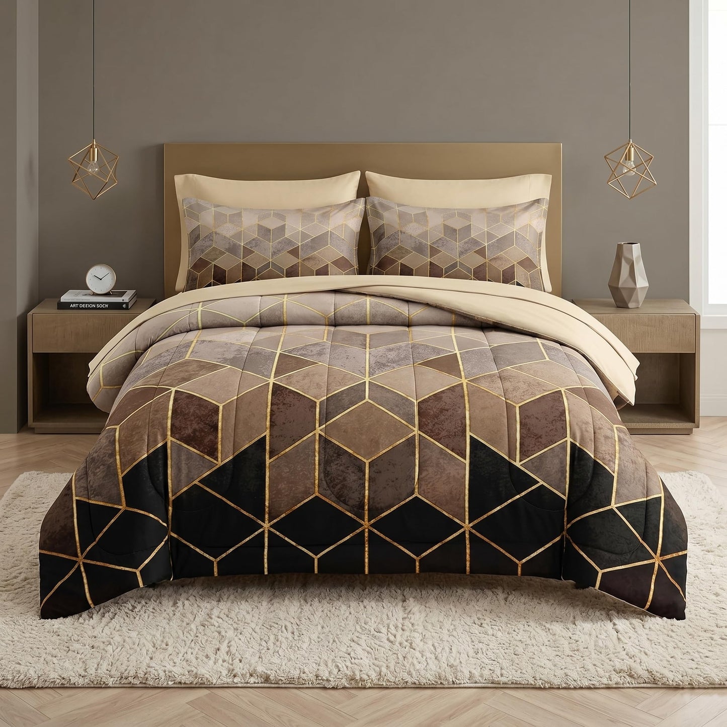 Nesker Comforter Set Full Size, Black Golden Gradient Cubic 7 Pcs Bedding for Kids and Adults, Brown Modern Geometric Bed Sheet Sets with Fitted Sheet 2 Pillowcases & 2 Shams