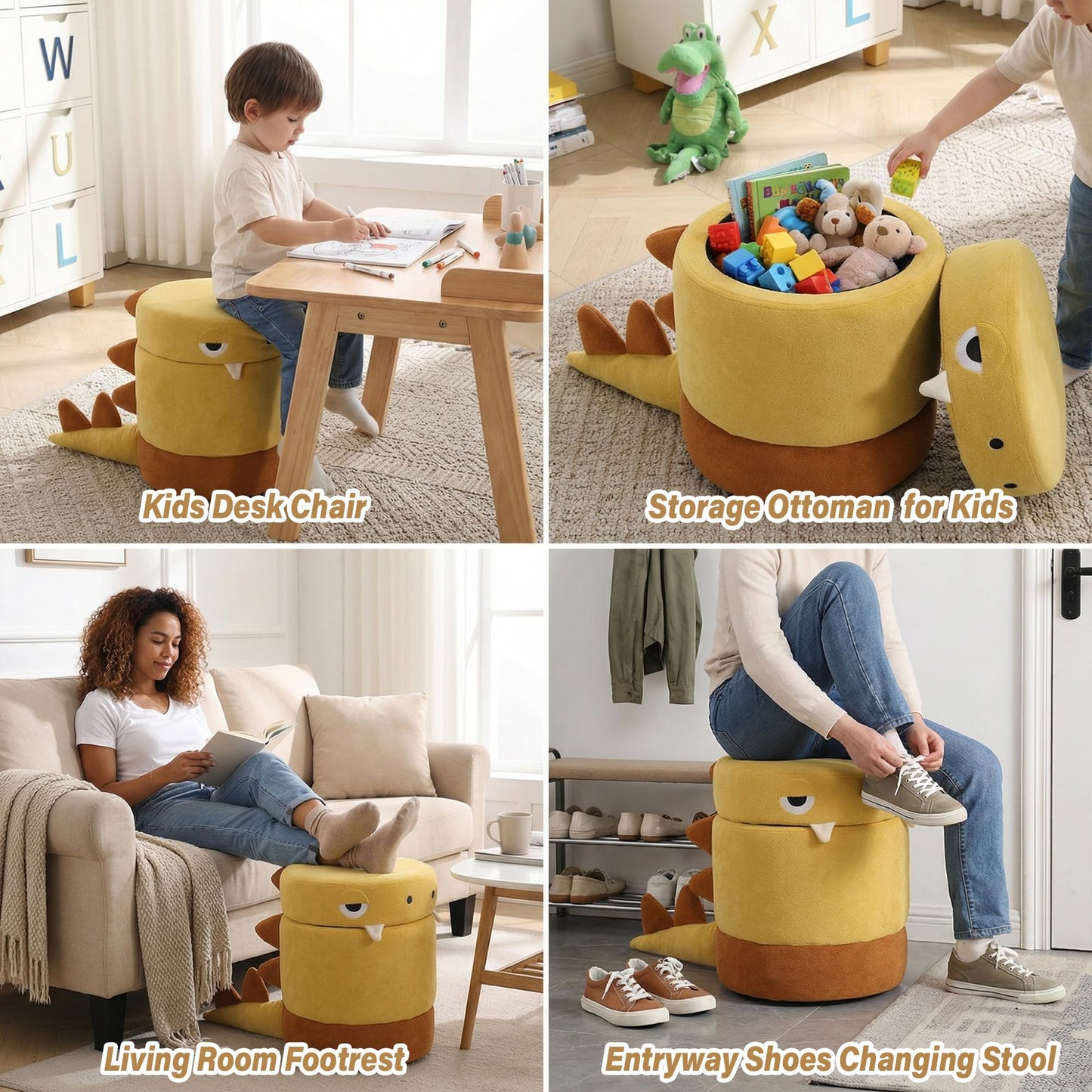 DAYARUS Dinosaur Toddler Chair Comfy Chenille Kids Reading Chairs, Toddler Dinosaur Ottoman, No Assembly Children Stool, Cute Kids Storage Ottoman, Wood Kid Desk Chairs for Playroom/Nursery, Yellow