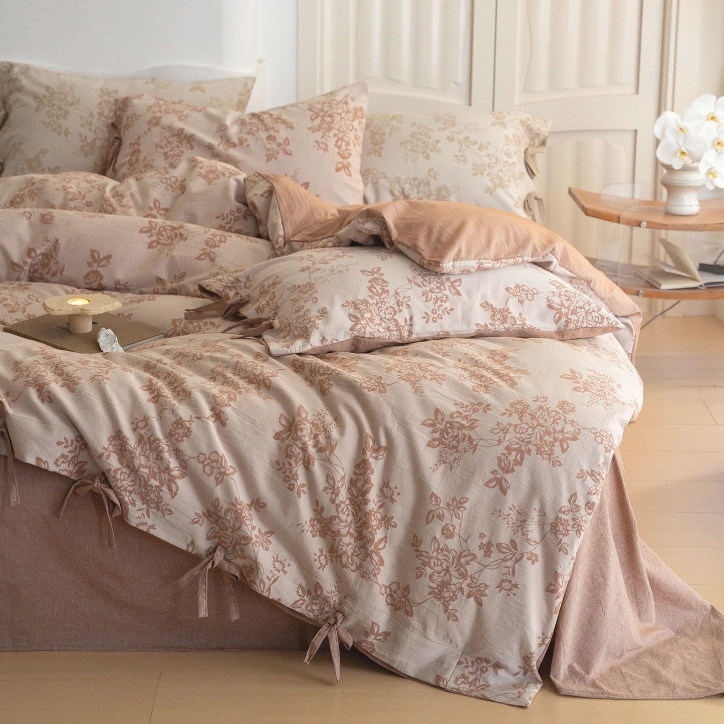 VM VOUGEMARKET Chic Floral Duvet Cover Queen,Yarn-Dyed Cotton Jacquard Textured Duvet Cover with Bowknot Retro Monet Style Bedding Set-90"x90",Pumpkin