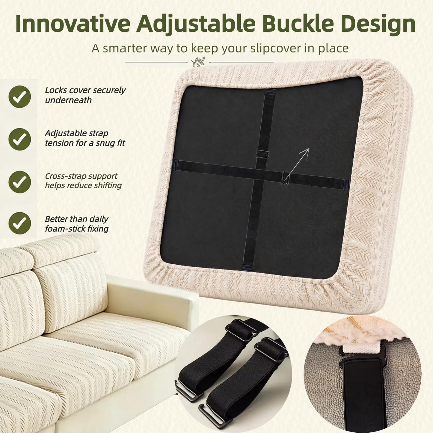 DiiuuAII Couch Cushion Covers, Stretch Anti-Slip Couch Covers for Sectional Sofa with Adjustable Buckle Washable Pet Friendly Furniture Protector(Linen White,2 Seat Cover M)