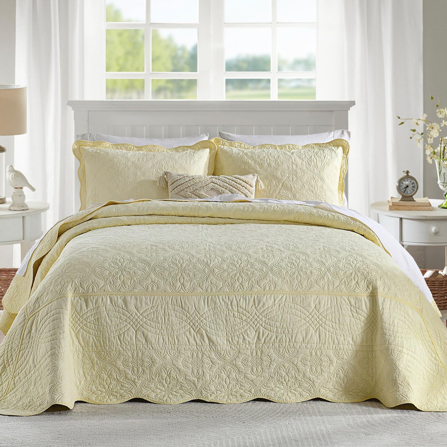 Finlonte Oversized Queen Bedspread 120"x102" - 100% Cotton Floral Embroidery Quilted Bedspread, Solid Cream Bedspread Coverlet Set, Lightweight Soft Extra Large Queen Quilt with 2 Pillowshams