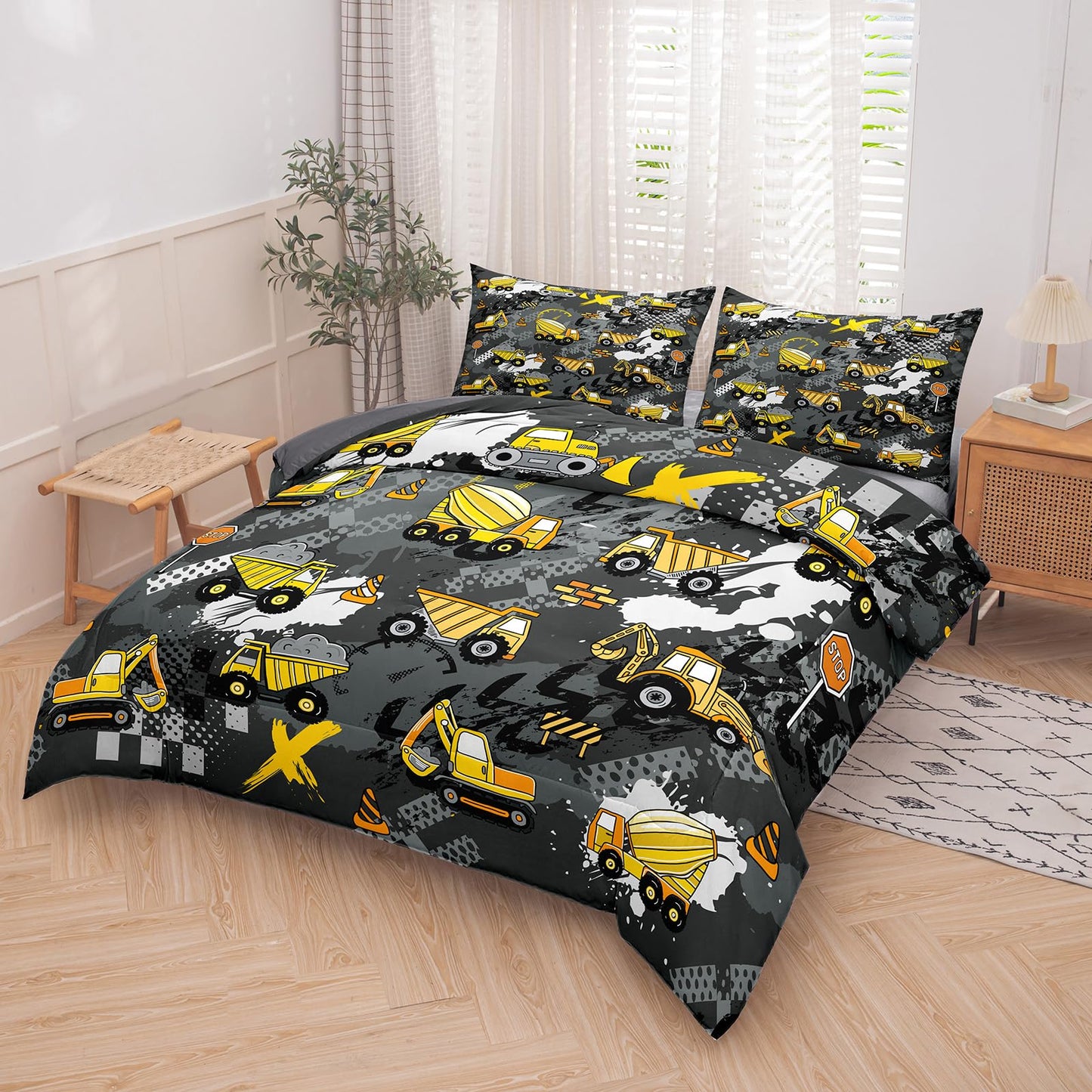 Peopleareok Construction Truck Kids Comforter Set for Boys Twin (68x86 Inch), 2 Pieces Construction Excavator Truck Bedding Sets for Toddler Children, Super Soft Microfiber Comforter with 1 Pillowcase