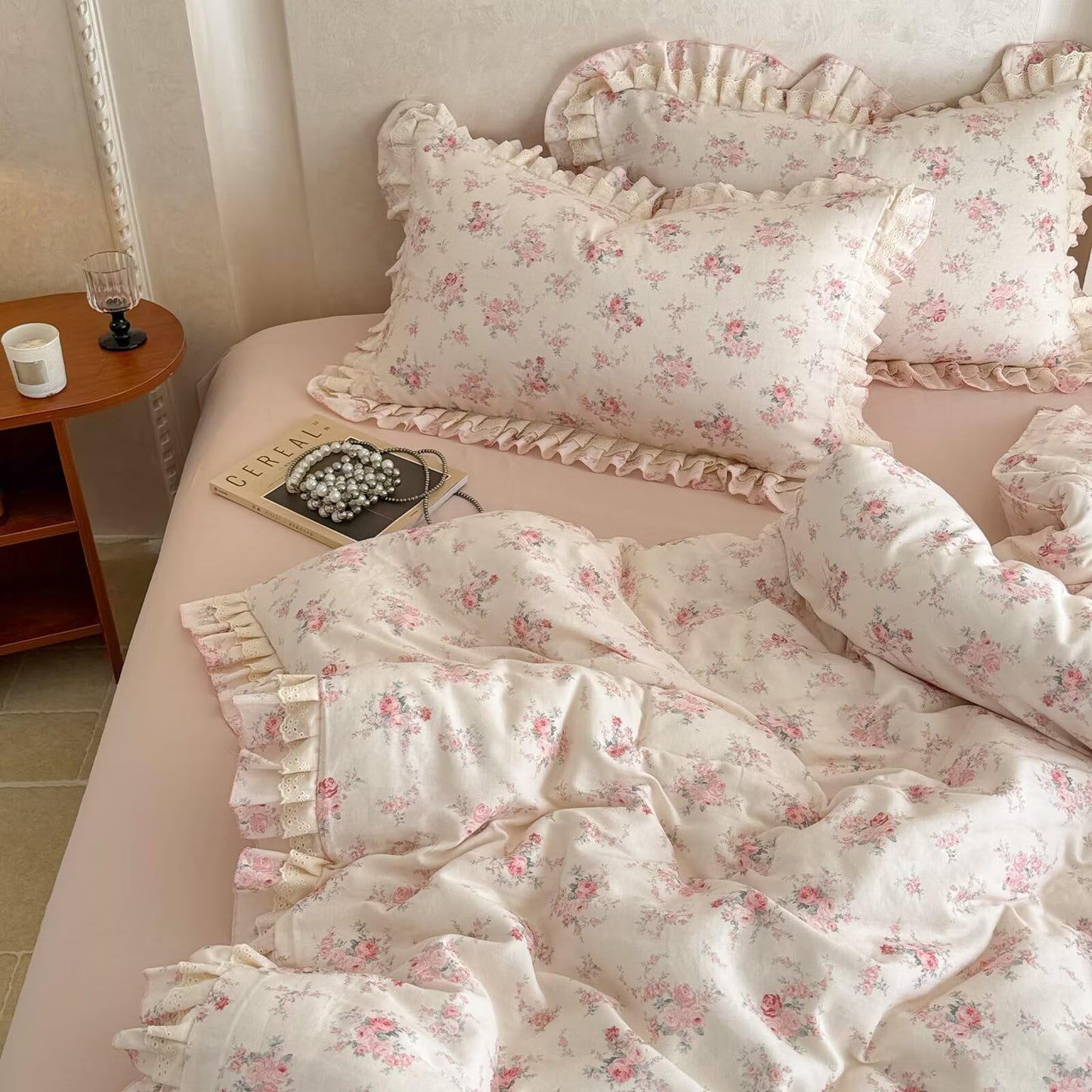 BuLuTu Pink Floral Duvet Cover Set Queen Size for Kids Teens Girls, Princess Lace Ruffled Quilt Cover Chic Aesthetic Comforter Cover with Zipper, 100% Cotton Muslin Bedding Set