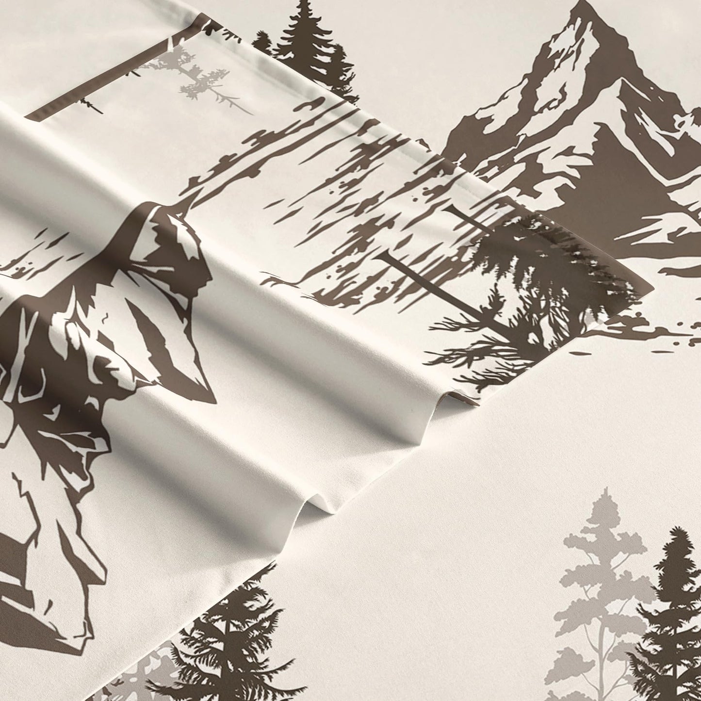 Wake In Cloud - Rustic Bed Sheets, 4-Piece Sheet Set, Cabin Forest Woodland Camping Theme with Lodge Mountain Pattern Printed Bedding, Deep Pocket, Beige Brown, Queen Size