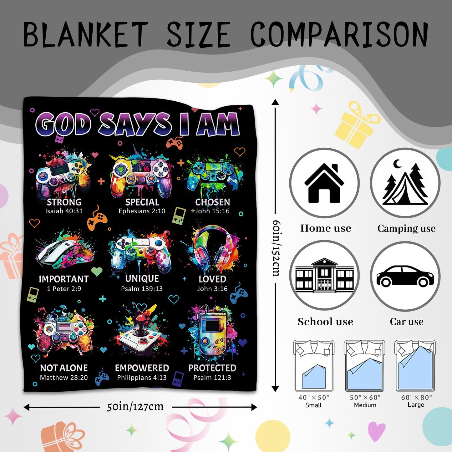 CIUGOIG Christian Gifts for Men Boys, God Says I Am Gamer Blanket 50"x60", Inspirational Religious Birthday Gifts for Game Lover Bible Verse Blanket, Gaming Gifts for Gamer, Christian Game Gifts