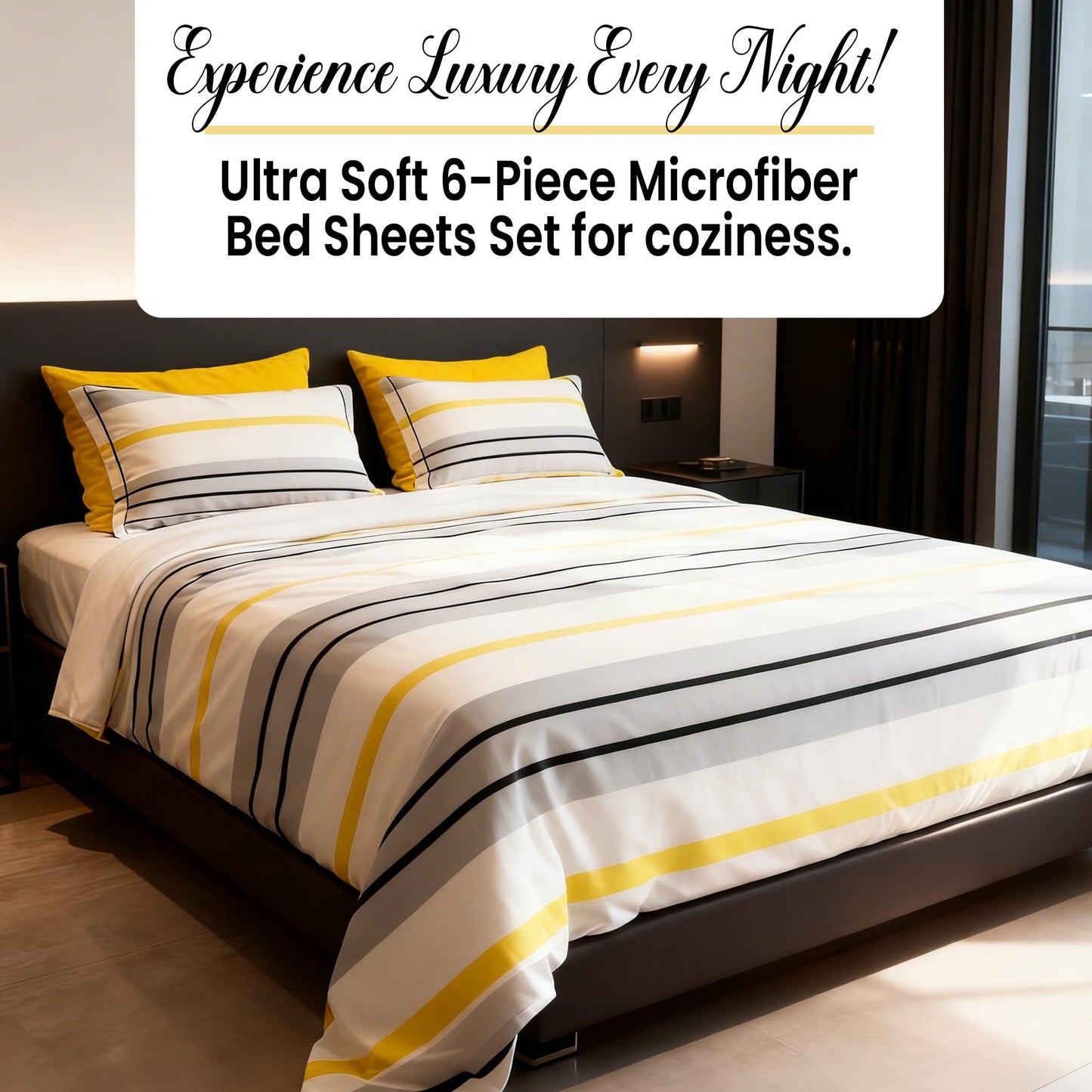 Spirit Linen home 6-Piece Queen Size Bed Sheet Set - Deep Pocket, Striped Pattern, Soft and Breathable Bed Sheets, Microfiber Material, Includes 1 Fitted, 1 Flat, 4 Pillowcases - Grey/Yellow Stripe